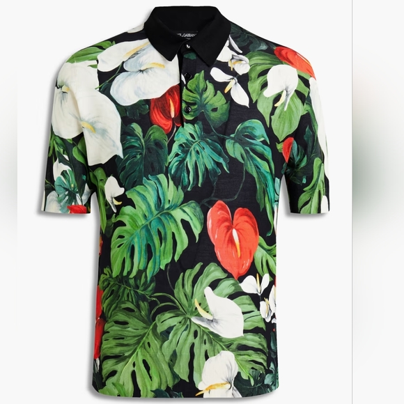 15. DOLCE & GABBANA FLORAL PRINT SILK JERSEY POLO SHIRT - Picture 1 of 8